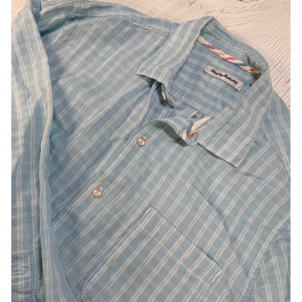 Tommy Bahama Shirt Mens Large Blue Linen Tencel Grid Long Sleeve Button Down